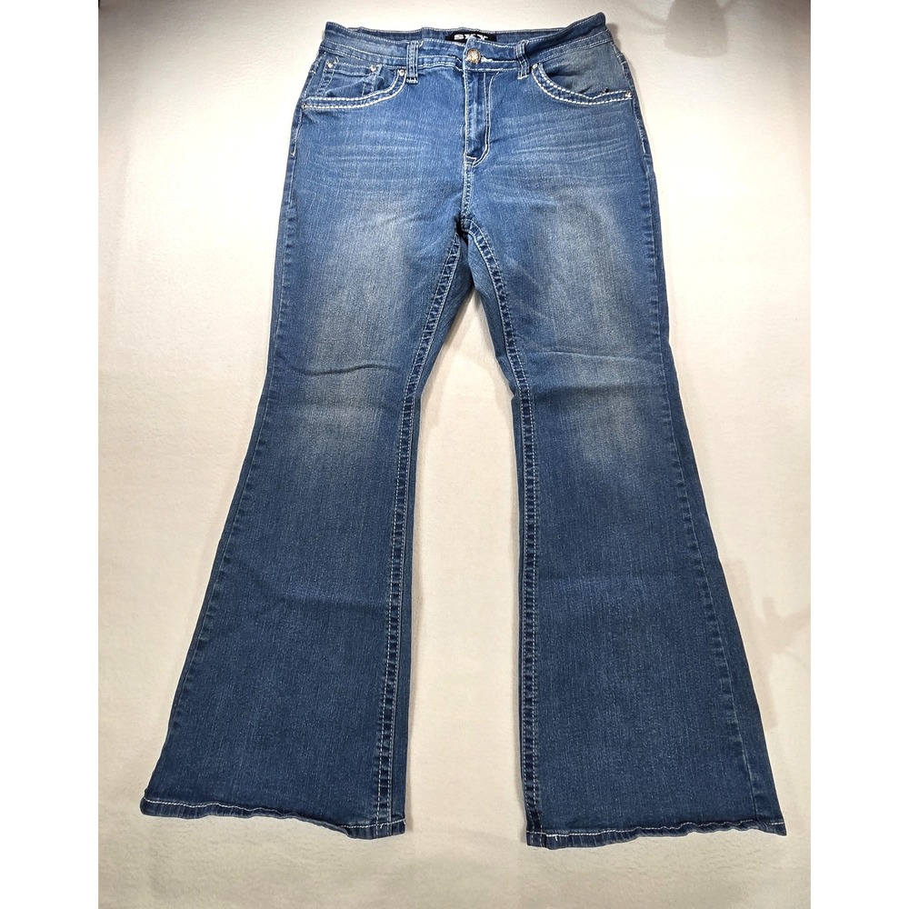 Sky Flare Leg Jeans Medium Wash Embroidered Bow Rhinestone Pockets Size 15/16